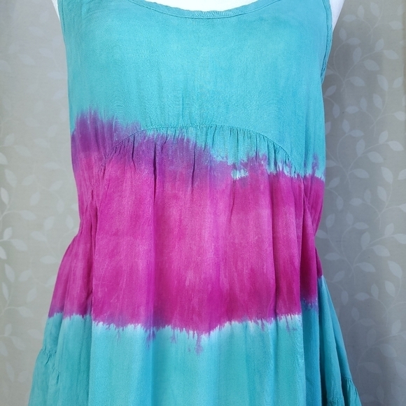 Blu Moon Revolve Tie Dye Mini Dress XS Teal Magenta Rayon Boho Festival - Picture 5 of 14